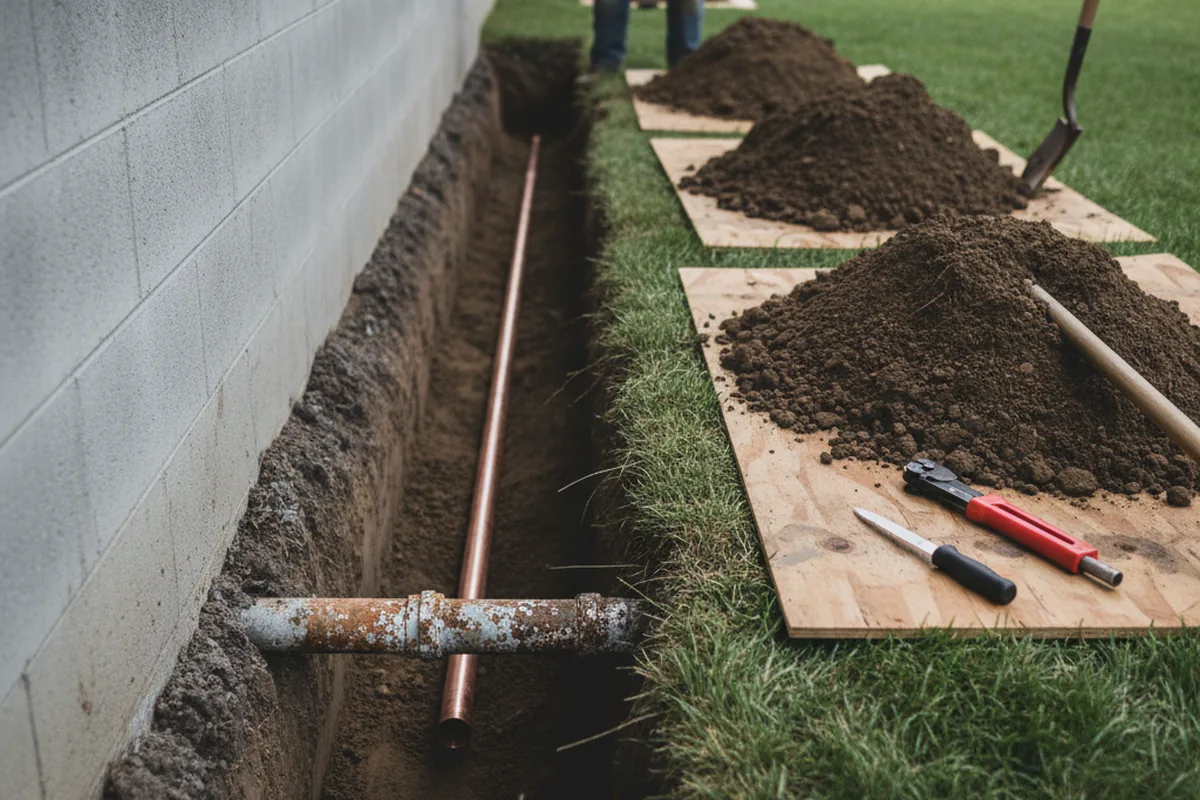 Excavated water line trench during Water Heater Repair in Rocky Hill